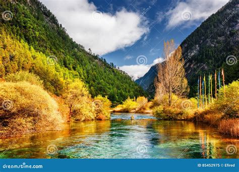 View Of Mirror River With Crystal Clear Water Among Mountains Stock