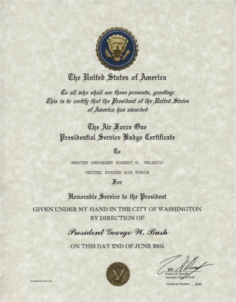 Presidential Service Certificate Air Force One