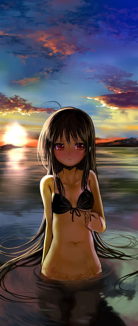 Wallpaper Sunlight Sunset Sea Long Hair Anime Girls Water Cleavage Red Eyes Wet