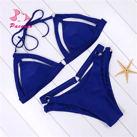 pacento solid blue bikini beach bathing suits women sexy bather swimsuit clasp women swimwear