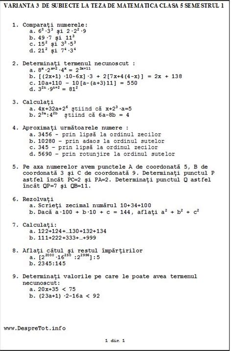 Teza Matematica Clasa 5 Sem 1 Varianta 3 Math Poster Mental Math Math