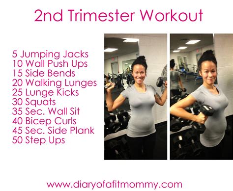 Exercising during pregnancy can be a great way to ease tension and get your endorphins pumping, while also keeping you and your baby healthy. Second Trimester At-Home Workouts - Diary of a Fit Mommy