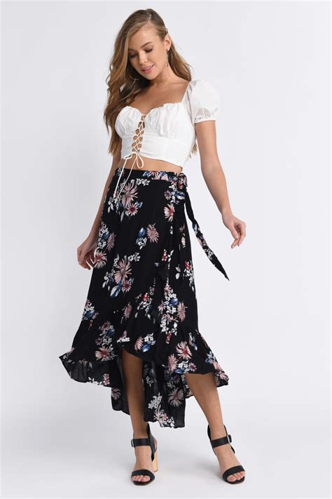 Black Skirt Floral Print Maxi Skirt Black High Low Skirt 42