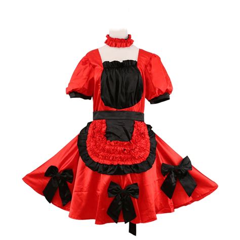 New Arrival Sexy Sissy Maid Black Red Satin Lockable Dress Gothic