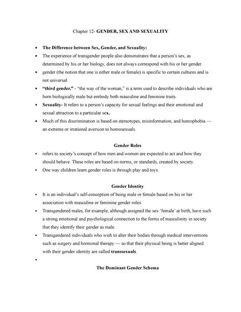 Ch 12 Gender And Sex Summary Sociology An Introduction To Sociology Chapter Gender Sex And