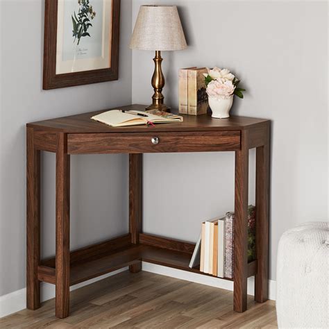 Mainstays Corner Writing Desk With Drawer And Lower Shelf Brown Finish