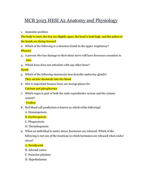 Hesi A Anatomy And Physiology Questions And Answers All Answers