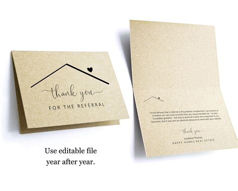 Editable Home Referral Thank You Card Template Printable Etsy Canada