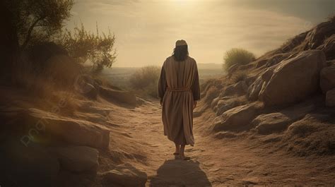 Fundo Jesus Caminhou Ao Longo Do Caminho No Deserto Com O Sol Por Trás