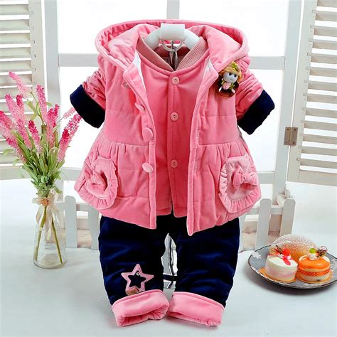 2018 Autumn Winter Baby Girl Pink Clothes Set Add Cotton Padded Warm