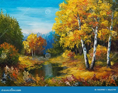 Oil Painting On Canvas Autumn Forest With A Lake Stock Illustration