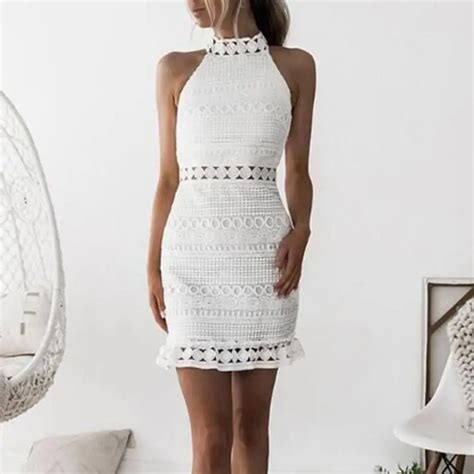 Women White Lace Dress Summer Sleeveless Bodycon Dresses Stand Neck Hallow Out Sexy Short Mini
