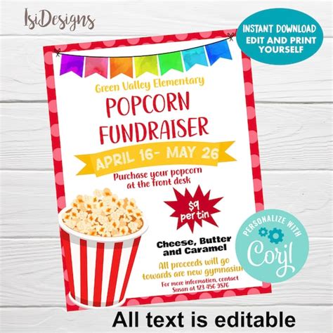 Popcorn Fundraiser Flyer Editable Pta Pto School Church Popcorn