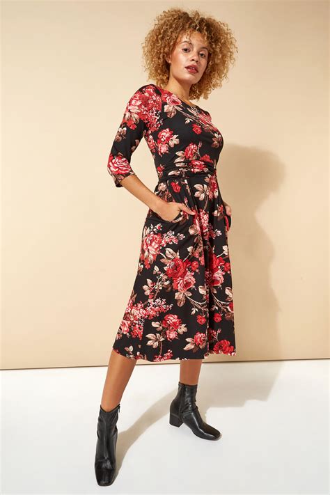 Floral Print Pocket Detail Midi Dress In Red Roman Originals Uk