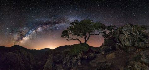Nature Landscape Starry Night Milky Way Trees Mountain Lights