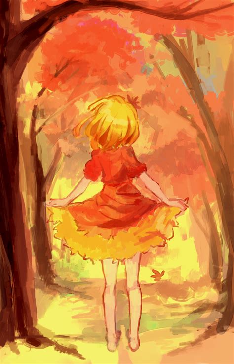 Safebooru 1girl Aki Shizuha Autumn Autumn Leaves Barefoot Blonde Hair Dress From Behind Ground