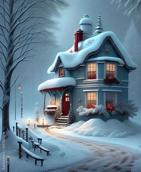 Winter Landscape With Lighted Cozy Snow Covered House Snowfall Snow