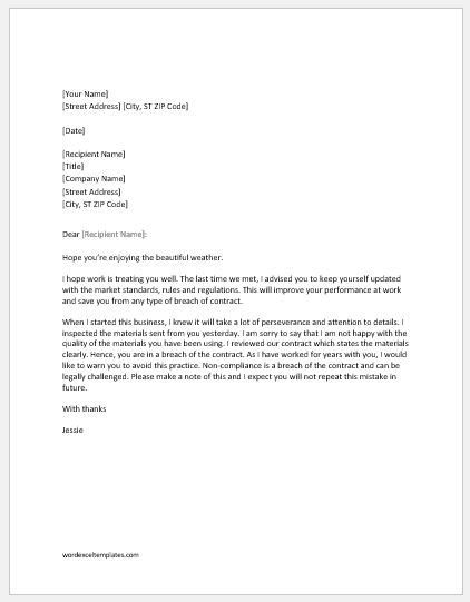 Sample letter from a service provider. Warning Letter to Contractor for Non-Compliance | Word ...