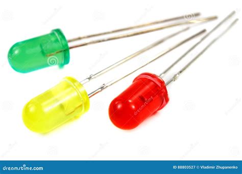 Closeup Red Yellow And Green Led Diodes On A White Background Stock