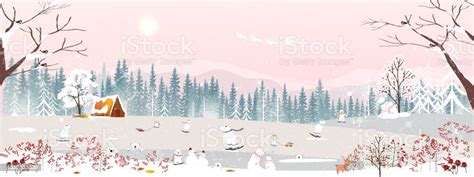 Winter Wonderland Landscape Card With Misty Pine Trees Cute Polar Bear