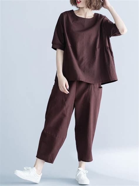 Coffee Loose Ramie Cotton T Shirts Pants Suit Jeans Outfit Women