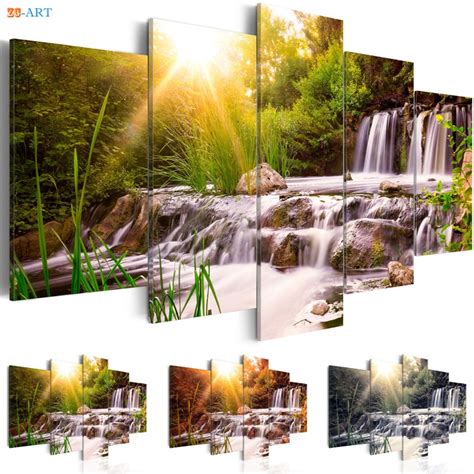 Waterfull Prints Green Forest Landscape Poster Canvas Painting 5 Pieces
