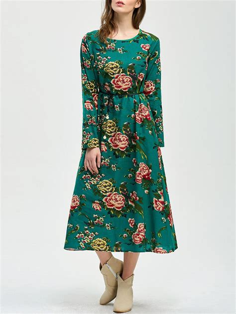 10 Off Floral Print Pockets Tea Length Dress Rosegal