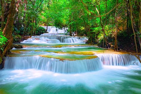 Emerald Green And Gentle Huay Mae Kamin Falls In Sri Nakarin Dam