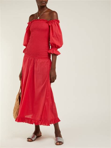 Rhode Eva Smocked Off The Shoulder Cotton Dress Red Off Sale