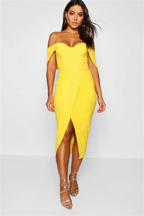 Off The Shoulder Wrap Skirt Midi Dress Yellow Midi Dress Cocktail Attire For Women Special