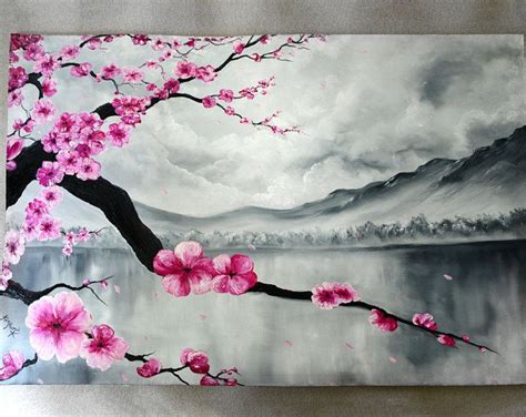 Cherry Blossom Painting Red Wall Art Red Sakura Painting Etsy