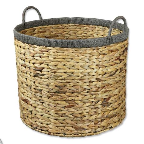 Water Hyacinth Round Woven Storage Basket Grey Rope Handles Floor Home