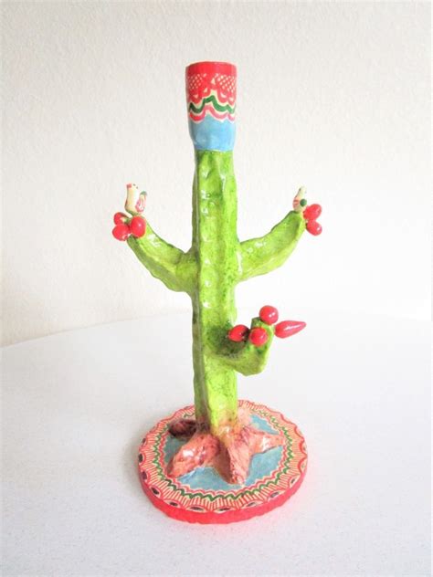 Ceramic Mexican Southwest Colorful Saguaro Cactus Candle Holder Bird