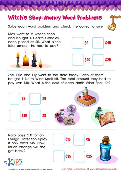 Worksheets Money Word Problems