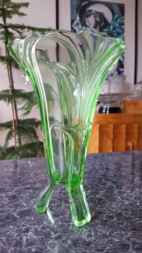 Classy Art Deco Stolzle Uranium Green Polished Glass Vase