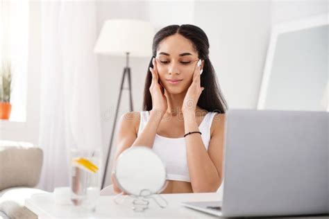 Pretty Woman Doing Face Lifting Massage In Front Of Mirror Stock Image Image Of Contouring