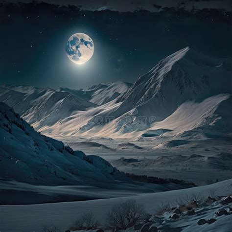 Full Moon A Winter View Of Snow Capped Mountains White Rocks And