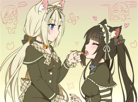 2girls Animal Ears Bell Black Hair Blonde Hair Blue Eyes Bow Catgirl