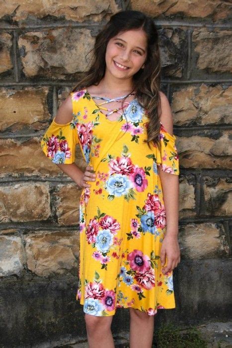 Tween Bright Yellow Floral Print Cold Shoulder Dress With Criss Cross