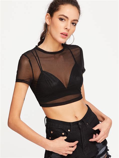 Crop Sheer Mesh Top Sheinsheinside