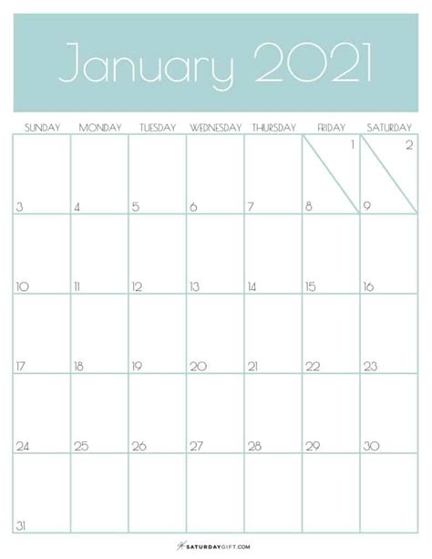 Cute Free Printable January 2021 Calendar Saturdayt Eastern Time