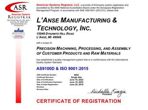 Lanse Manufacturing As9100d With Iso 90012015 Certificate