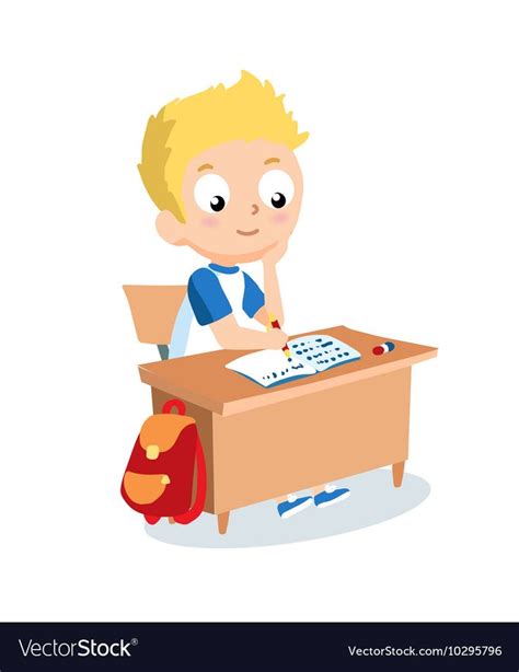 Schoolboy Sitting At School Desk Pupil Vector Cartoon