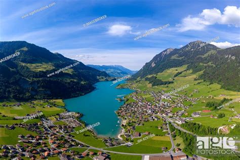 Aerial View Of Lake Lunger With The Village Of Lungern In The Canton Of