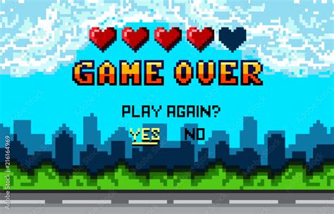 Game Over Pixel Art Design With City Landscape Background Colorful