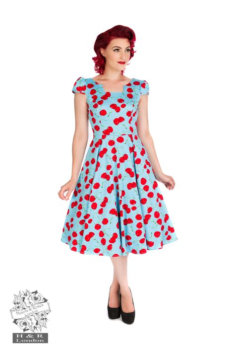 Blue Bombshell Cherry Tea Dress In Blue Hearts And Roses London
