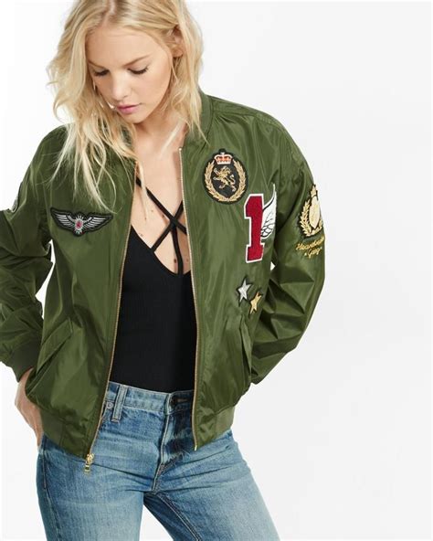 Womens Olive Bomber Jacket With Graphic Patches Shop Who What Wear