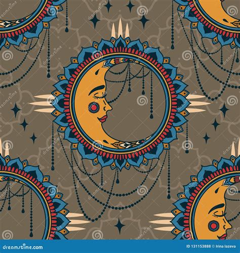 Seamless Pattern With Boho Style Moons With Faces And Jewels Stock