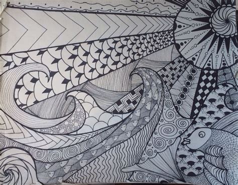 A Drawing Of Fish And Waves In Black And White With An Abstract Design
