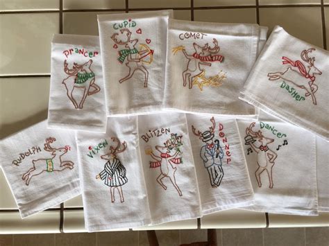 Set Of Hand Embroidered Kitchen Towels With Reindeer Theme Etsy